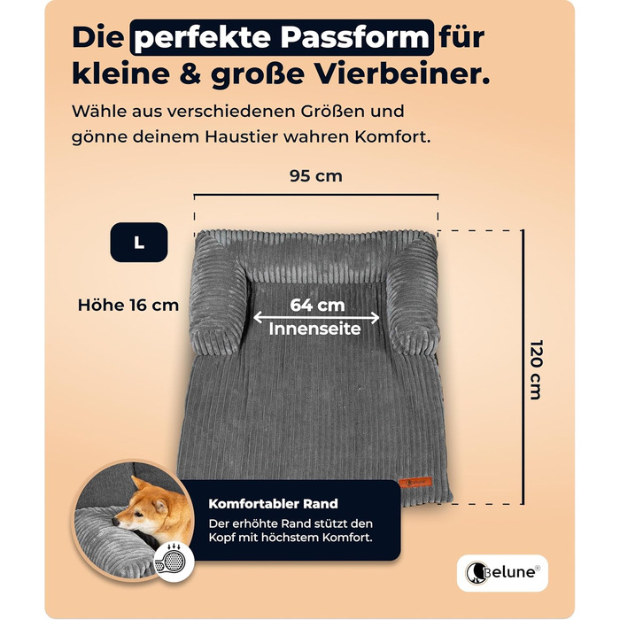 Крісло-лежанка для собак Belune Hundecouch Deluxe - миється, плюш, захист дивану, для собак середніх та маленьких порід (темно-сірий, L - 120x95 см)