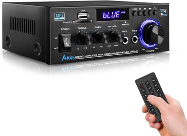 KKMOL AK45 Міні Hi-Fi стерео підсилювач Bluetooth, 400 Вт, 2-канальний, цифровий аудіо підсилювач з USB, SD, радіо, пультом, 12V/220V