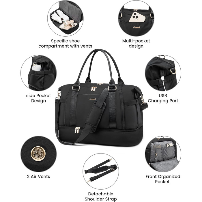 Спортивна сумка LOVEVOOK для подорожей: жіноча дорожня сумка-мішок, weekender, з органайзером, відділенням для взуття та мокрих речей, водонепроникна, 42L, чорна