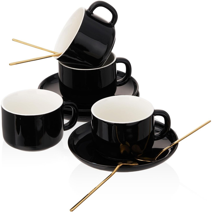 Набір кавових чашок і блюдець з ложками, 4 шт., 220 мл, кераміка, чорний колір. Чашки капучіно для чаю та еспресо
