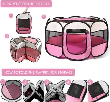 Клітка-загон для собак та котів 73x73x43 см, рожева, портативна, для внутрішнього та зовнішнього використання