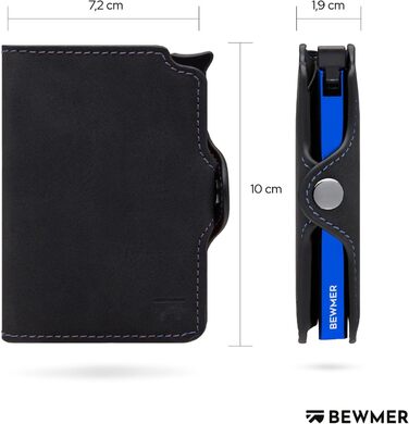 Картхолдер BEWMER 1 RFID захист, шкіряний гаманець для чоловіків та жінок, кліпса з карбону, чорний електросвітло-синій