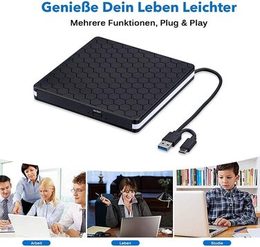 Зовнішній DVD-накопичувач Amicool USB 3.0 та Type-C, портативний CD/DVD +/-RW привід для ноутбука, ПК та MacBook (Windows, macOS, Linux)