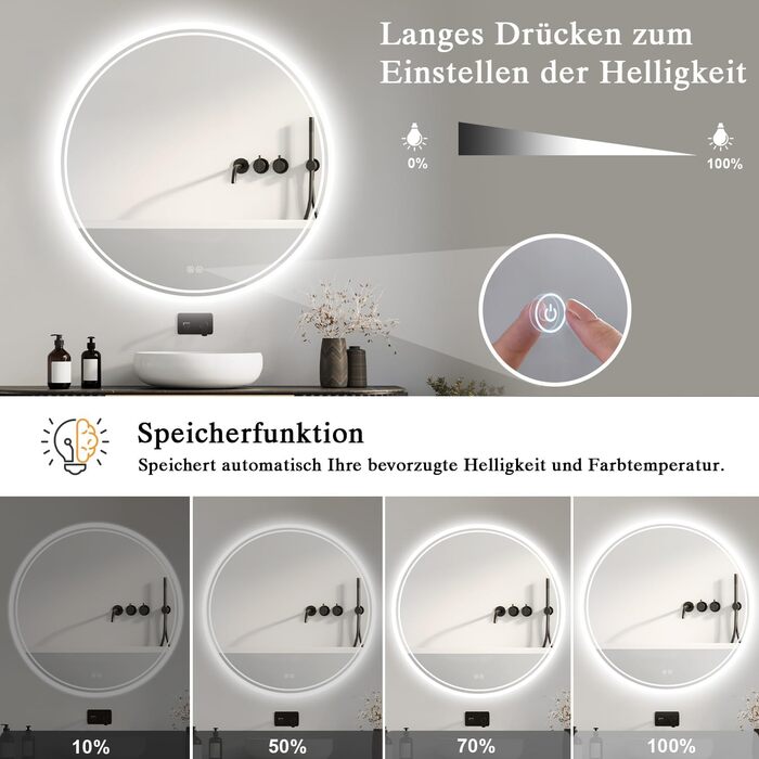 Дзеркало для ванної кімнати з підсвічуванням LED, антизапар, сенсорне управління, регулювання яскравості, 3 кольори світла, функція пам'яті, захист від вибуху, кругле дзеркало 50 см