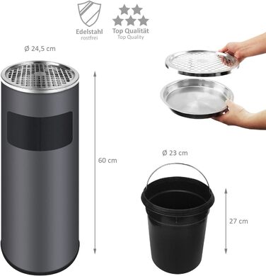 WELLGRO Standaschenbecher з нержавіючої сталі 2в1 для вулиці: попільничка та сміттєвий бак сірого кольору. Великий попільничник для тераси, входу та комерційних приміщень, стійкий до погодних умов.