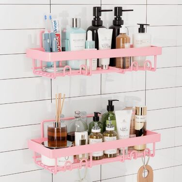 WwuHua Shower Shelf No Drilling, 2 Pack Shower Shelf, Shower Shelf for Hanging with 4 Hooks, Shampoo Holder for Shower, Bathroom Organizer for Shampoo and Shower Gel, Pink