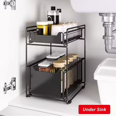 Under-Cabinet Organizer with 2 Levels, Adjustable Height, with Wooden Handle, Pull-Out Metal Basket for Kitchen and Bathroom (White)