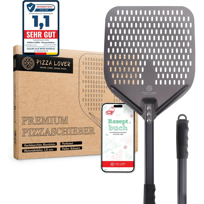 Pizza Lover® High-Quality Perforated Pizza Peel 30 x 30 cm Pizza Shovel Made of Hard Anodized Aluminum (Non-Stick) Pizza Lifter for Homemade Pizza & Bread Ideal for Pizza Stone, Oven & Grill
