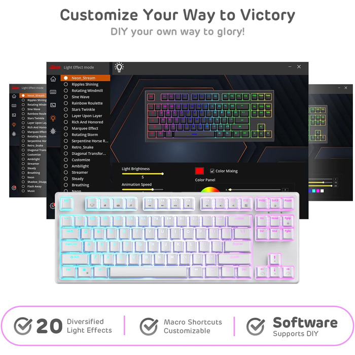 Клавіатура ігрова Royal Kludge RK87G RGB TKL механічна бездротова, 87 клавіш, коричневі тактильні перемикачі, макро-налаштування, підсвічування