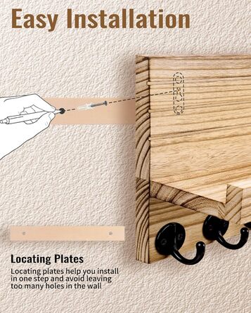 Дерев'яне ключниця з полицею на стіну, декоративне настінне кріплення для ключів, 5 гачків, для прихожої, спальні, вітальні (колір дерева)