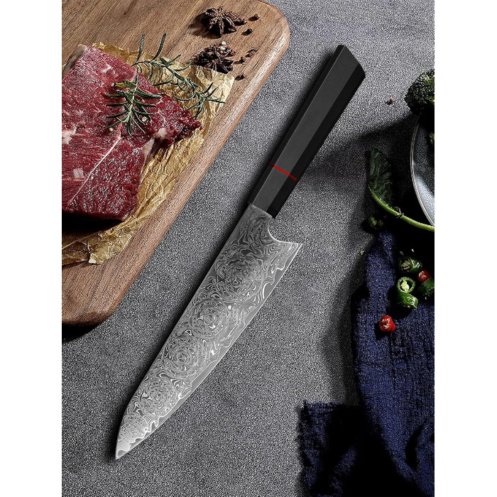 Японський ніж кухарський з дамаської сталі Plys: професійний ніж шеф-кухаря з чорним дерев'яним руків'ям