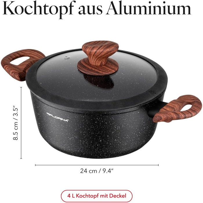 Каструля FLORINA Master Black 24 см, 4 л з антипригарним покриттям | Для всіх типів плит, включаючи індукцію | Зручна ручка Soft-Touch | Кришка з силіконовим кантом | Стійка до нагріву, легко миється