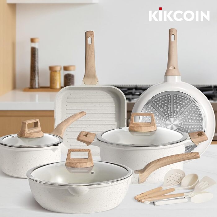 Набір посуду Kikcoin 16 предметів: антипригарні керамічні каструлі та сковороди для індукції, білий керамічний