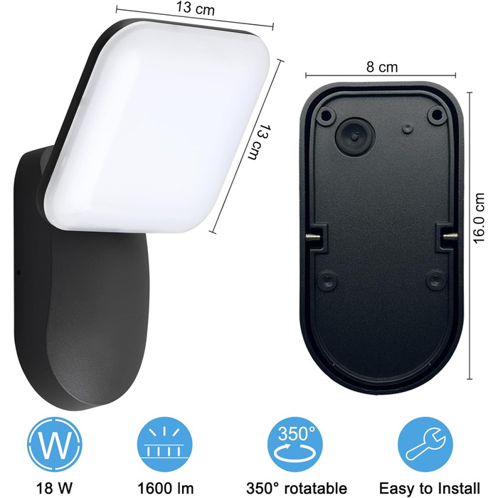 LED вуличний світильник на стіну, IP65, алюміній, 18W, 1600LM, 3000K, тепле біле світло для дому, гаража, саду, тераси