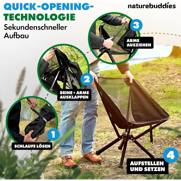 Крісло для кемпінгу Nature Buddies® Faltbar: Легке, компактне, складне (до 150 кг) | Стілець для риболовлі, відпочинку на природі, фестивалів