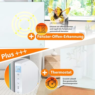 Інфрачервовий обігрівач KESSER®: скляний конвектор, енергозбереження, 2-в-1 (стійка/стіна), з датчиком відчинених вікон, пультом та керуванням через додаток, термостат, 600W, білий