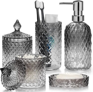 Набір аксесуарів для ванної кімнати зі скла (5 шт.) - чорний: мильниця, диспенсер для мила, тримач для зубних щіток, контейнер для ватних паличок, стакан