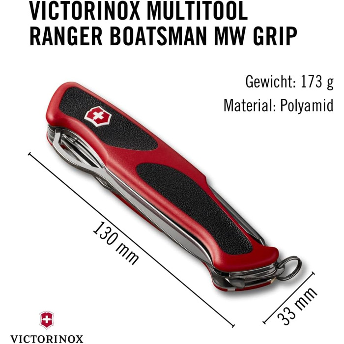Швейцарський ніж Victorinox Ranger 78 M: мультитул з 12 функціями, фіксатор леза, відкривачка для пляшок, червоно-чорний