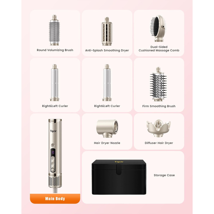 Airstyler 8-в-1: комплект для укладки та сушки волосся з автоматичною завивкою, щіткою, концентратором, дифузором, швидка сушка, без пошкодження волосся, золото