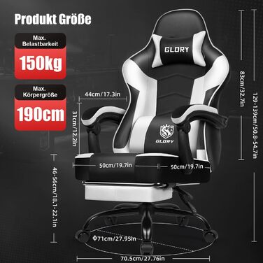 Геймерське крісло з підставкою для ніг, біле, до 150 кг - Ergonomischer Gaming Stuhl