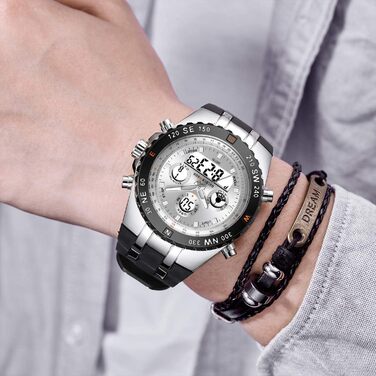 Чоловічий військовий спортивний годинник: цифрові та аналогові функції, водонепроникність, дата, будильник, світіння, секундомір. Великий годинник для чоловіків, сріблястого кольору.