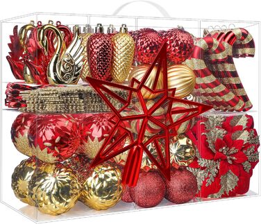 Набір прикрас на ялинку Alupssuc 128 шт. (кулі, квіти, орнаменти) - червоний та золотий, для свят, вечірок