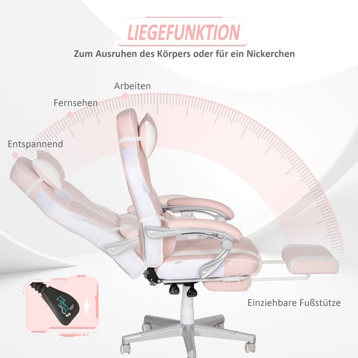 HOMCOM Gaming Chair with Footrest, Height-Adjustable Desk Chair with Head and Lumbar Cushion, Swivel Gaming Recliner with Adjustable Backrest, Faux Leather, Up to 120 kg, Pink | Aosom