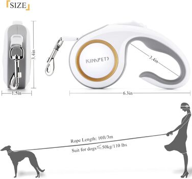 Висувна поводок для собак 3 м, для жінок, поводок для вигулу домашніх тварин з неслизькою ручкою для собак маленьких, середніх та великих порід (до 50 кг), поворот на 360°, функція паузи та блокування