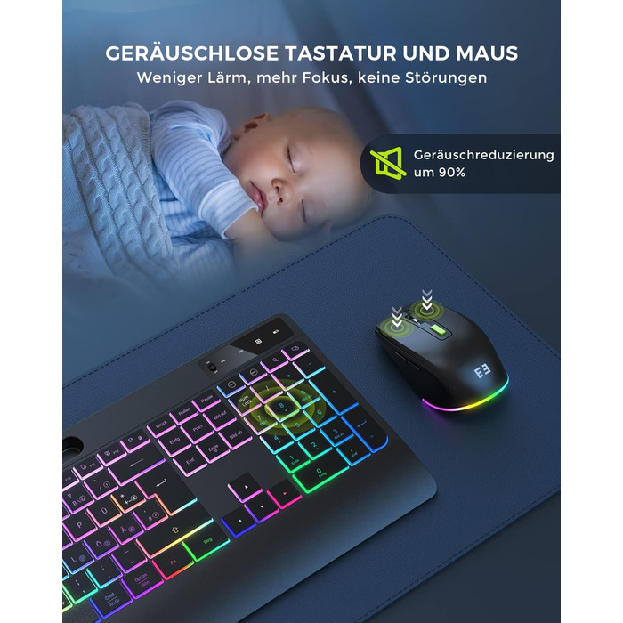 Бездротовий комплект клавіатури та миші Seenda JPX006 з підсвічуванням, USB/Type-C, QWERTZ, з підставкою для телефону та підкладкою для зап'ястя, для PC/Windows/Mac, тихий клік, чорний