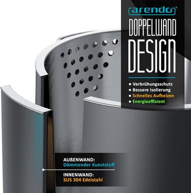 Електричний чайник Arendo з нержавіючої сталі 1.5 л, 2200 Вт, подвійні стінки, 360°, без BPA, захист від перегріву та сухого кипіння, чорний матовий сірий, 1.5 л