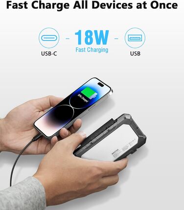 Сонячний Power Bank WASTDE 26800mAh з сонячною панеллю, чорний: зарядний пристрій для телефону, планшета, з ліхтариком (SOS), водонепроникний, для кемпінгу та подорожей