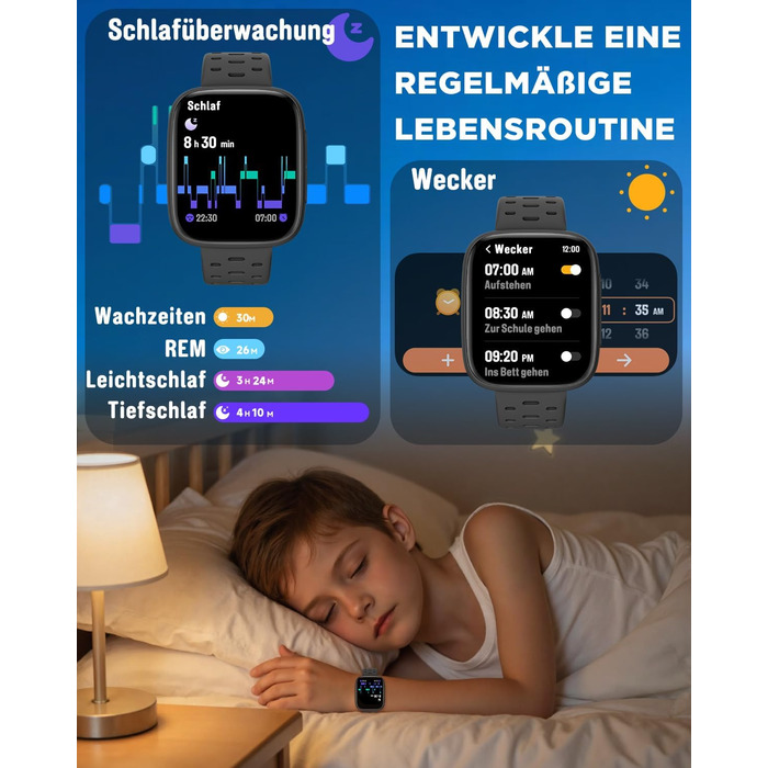 Смарт-годинник BIGGERFIVE для дітей з/без додатку, 1.8' фітнес-годинник, крокомір, пульсометр 24/7, будильник, водонепроникність 30м, монітор сну, пазли-ігри, 100+ циферблати для дівчаток, хлопчиків, підлітків 5–16, чорний