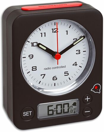TFA Dostmann Combo Radio Clock, Analog Time and Digital Alarm, Radio Clock with High Precision, Quiet, All-Round Lighting, Black, Black-Red, L 90 x W 40 x H 115 mm
