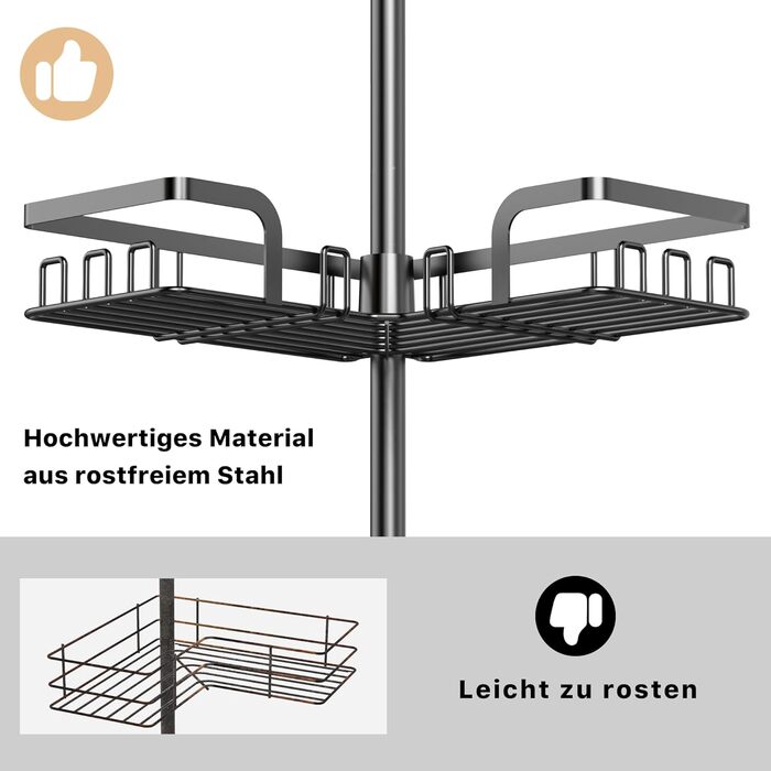 Поличка для душу Kegii без свердління, телескопічна поличка для кута, тримач для шампуню в душ, регульована висота, 4 шт., чорний