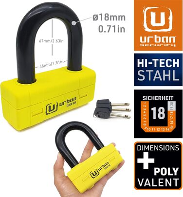 Замок для мотоцикла URBAN UR75, дисковий, високий рівень захисту, SRA сертифікат, міні U-подібний, 18 мм, універсальний 67x46 мм, жовтий