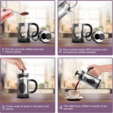 Френч-прес для кави, 3 чашки, кавоварка з мідним декором, скляна колба, фільтр з нержавіючої сталі, прес для кави, сріблястий