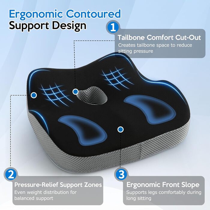 Подушка для офісного крісла з Memory Foam: ортопедична підтримка куприка, зменшення тиску, широка подушка для офісу, авто, інвалідного візка - чорний/сірий