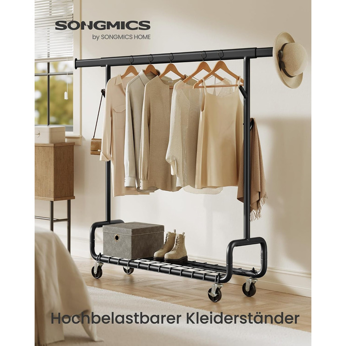 SONGMICS Стійка для одягу на коліщатках, важка, з висувними штангами, регульована висота, з полицею та гачками (HSR015B01, Чорний)