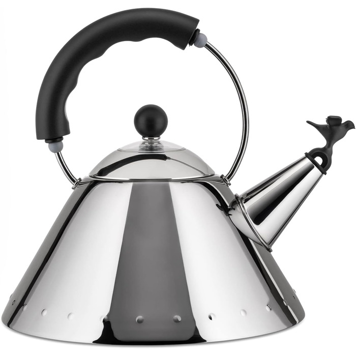 Alessi Water Kettle with Handle, Stainless Steel, Bird-Shaped Whistle from PA, Black, Silver, 8.5 x 25 x 10.5 cm, 9093 B 2 Liter Silver