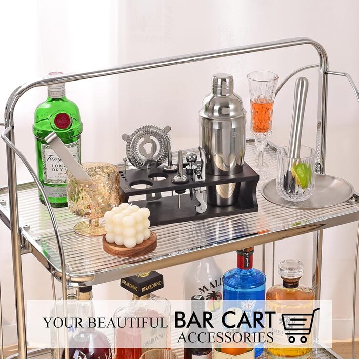 750ml Stainless Steel Cocktail Shaker Set with Bamboo Stand & Recipe Book - 17 Piece Bar Set for Bartenders, Gifts for Women (Black Silver)