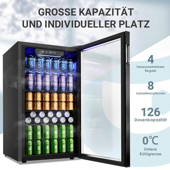 Міні-холодильник EUHOMY на 126 банок з дверцятами зі скла, чорний, з регульованими полицями, 90л, для дому/бару/офісу