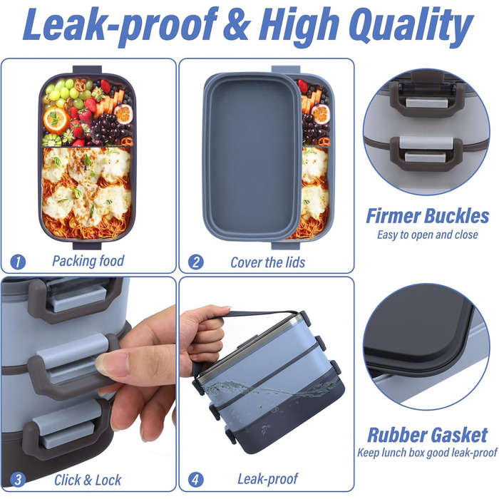 Ланчбокс Brotdose з 3 ярусами, 2200 мл, Bento Box з посудом, роздільники, BPA Free, для мікрохвильової печі, бежевий, 19.5 x 11.2 x 15 см, PP матеріал