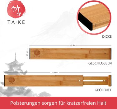 TAKE® Adjustable Drawer Dividers, 4 Pack [42-56cm] | Drawer Organizers, 100% Natural Bamboo | Flexible Drawer Divider System | Drawer Organization System for Kitchen | Drawer Organizer