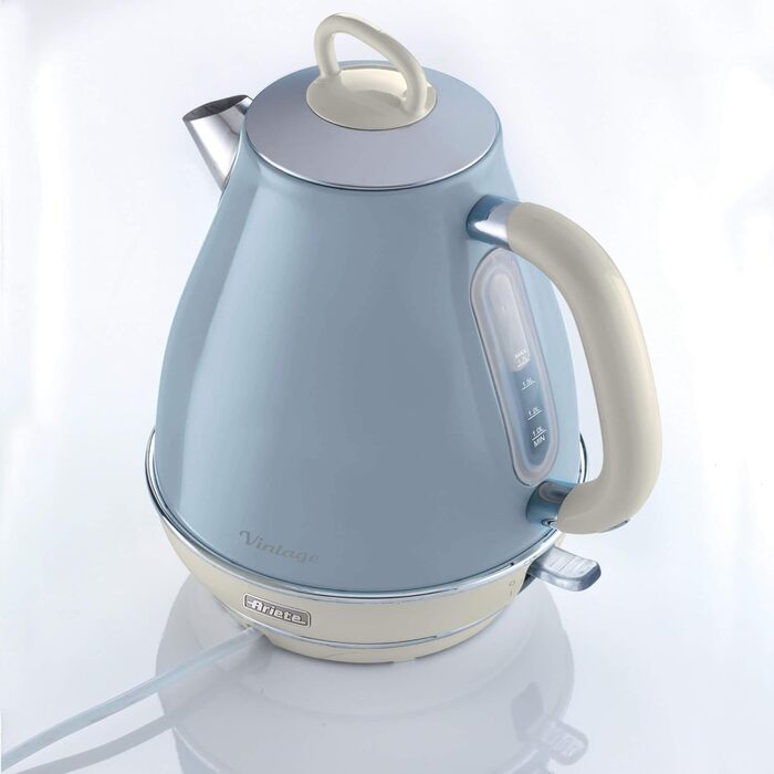 Ariete Vintage Blue Electric Kettle - 1.7L Stainless Steel, 2000W with 360° Swivel Base & Water Level Indicator