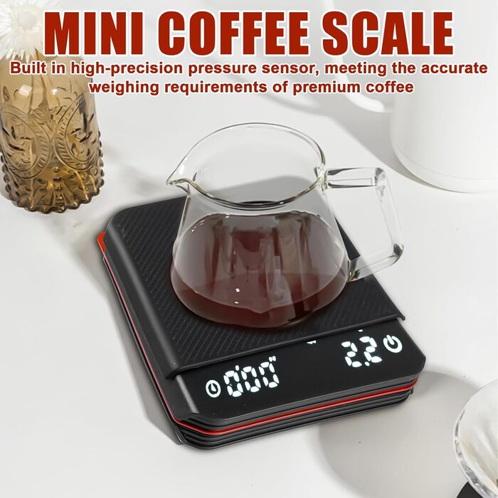 Еспресо вага з таймером, 3 режими, USB, цифрова міні вага для кави з LED-дисплеєм, таймер, 0.1г, висока точність, для фільтр-кави, приготування їжі, випічки, точна вага (чорний)