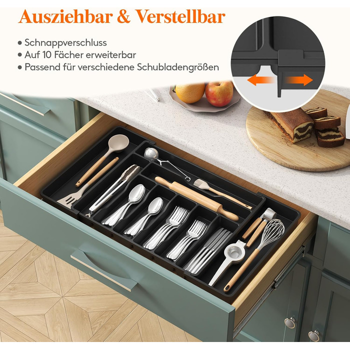 Органайзер для столових приборів Lifewit в шухляду, регульований, чорний (33-57 см x 38 см x 5 см)