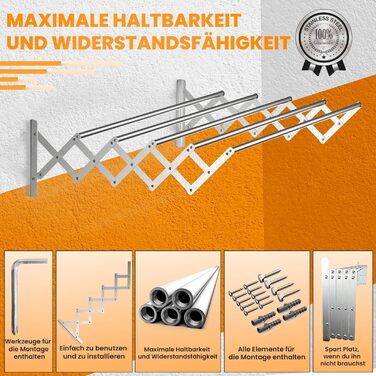 Настінна сушарка для білизни з нержавіючої сталі, висувна, 100 см, вантажопідйомність 25 кг