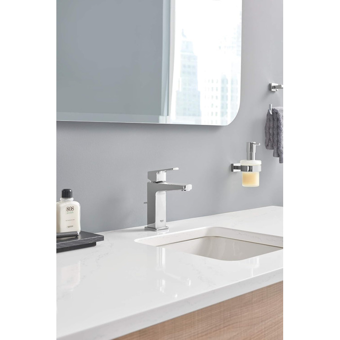 GROHE Essentials Cube Soap Dispenser (with holder, concealed mounting, material: glass/metal, durable), chrome, 40756001