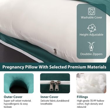 Подушка для вагітних U-подібної форми Elover з знімним чохлом, 144 см, зелений велюр