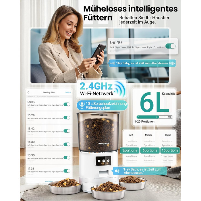 Автоматичне годування для котів з APP та таймером, 6 л / 25 порцій, 3 миски, 3 пакети силікагелю, система запобігання застрягання, WiFi 2.4G, запис голосу 10 сек, годівниця для котів та собак (білий)